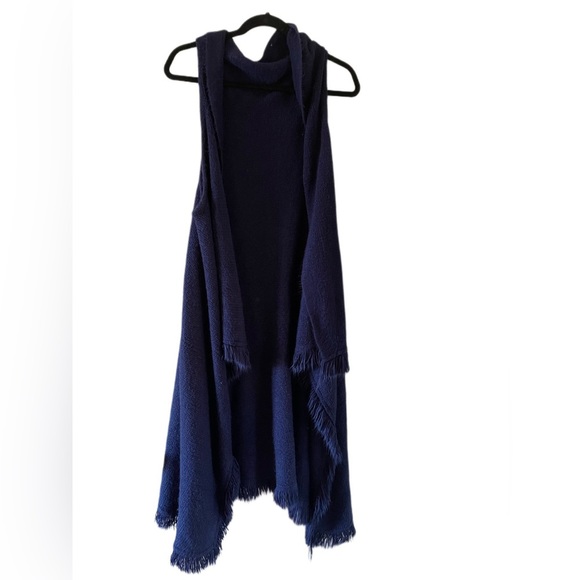 navy blue super soft long midi length fringe sweater vest sleeveless coat - Picture 3 of 5